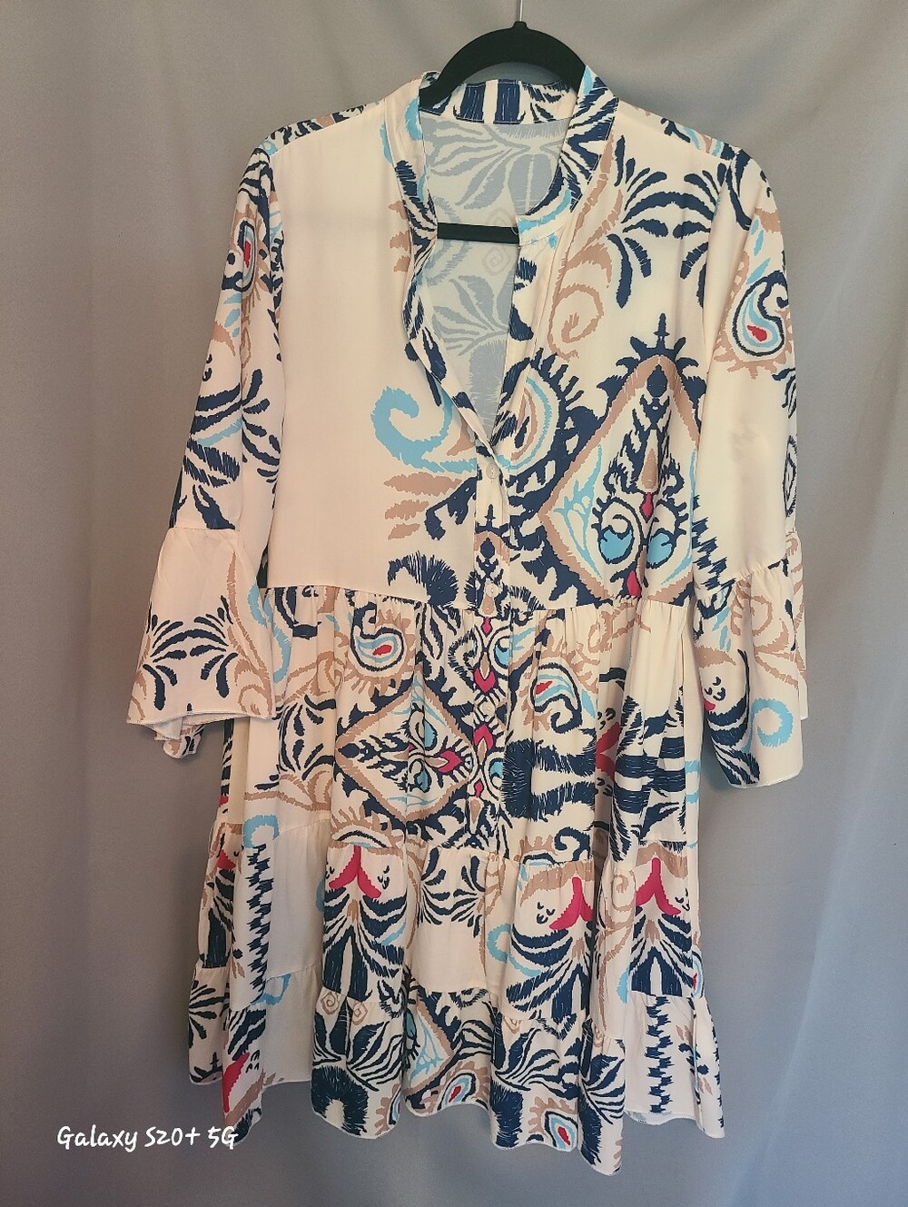 Galaxy By Harvic Cream White Blue Multi-Print Mini Dress